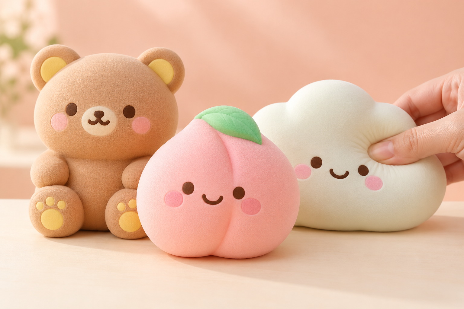 Combo ilustrativo com três squishies coloridos